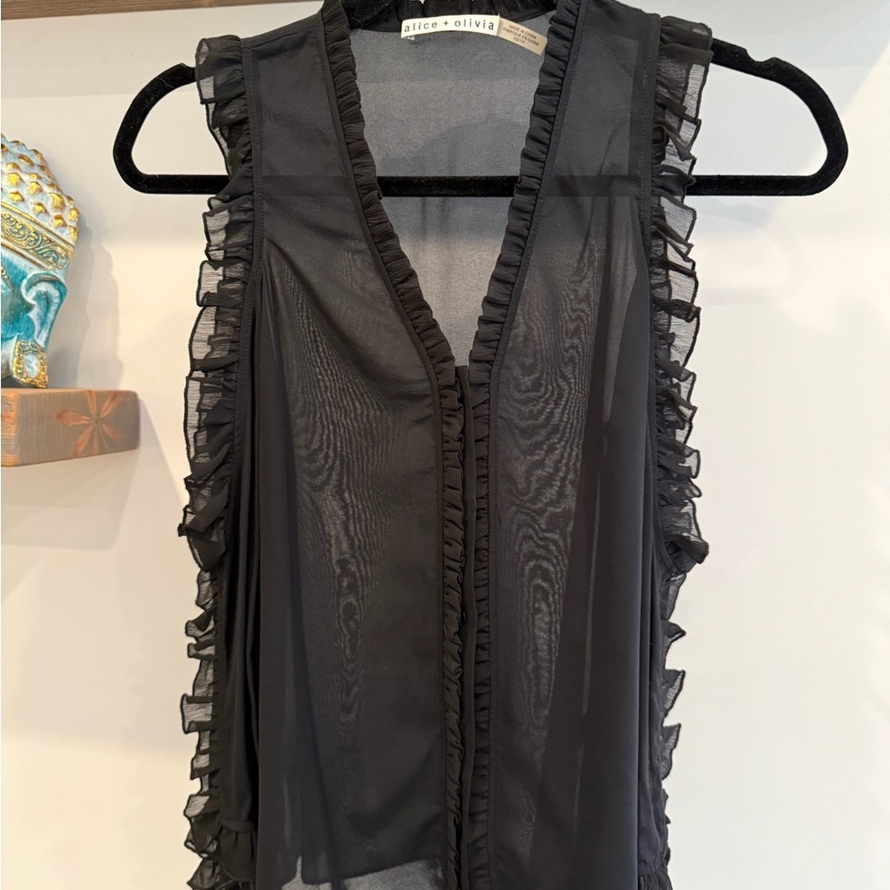 Alice + Olivia Black Sheer Ruffle Top